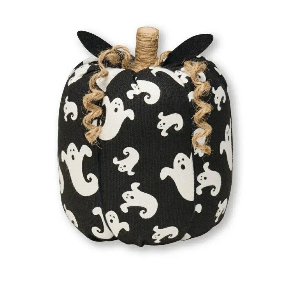 Primitive PUMPKIN Halloween Black & White GHOST Fabric Wood Stem 4x6"